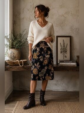 Jacqueline de Yong Dark Floral Viscose Skirt | Anthropologie-Inspired Boho Midi
